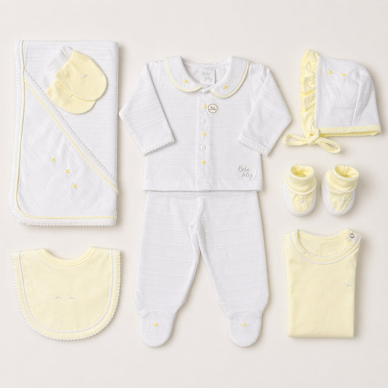 Set primer día blanco y amarillo – Bebe Feliz