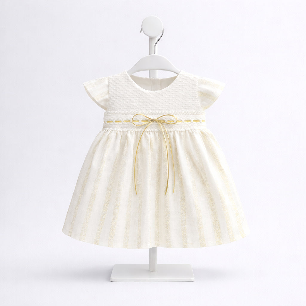 Vestido de ocasión especial para bebé niña marfil con líneas doradas