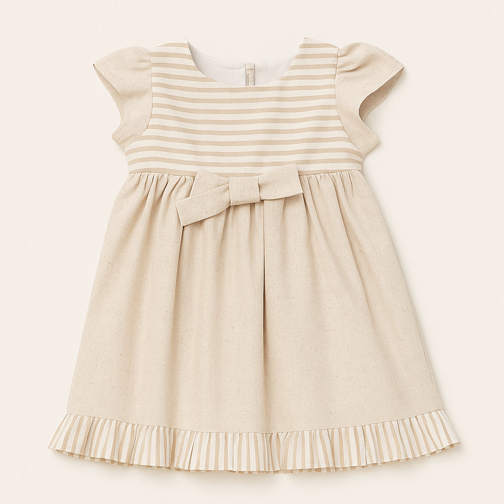 Vestido de ocasión especial para bebé niña beige con rayas y lazo