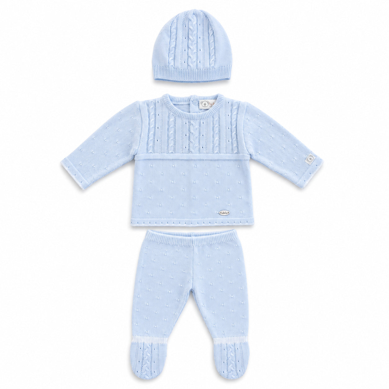 Conjunto tejido azul para bebé niño buso, pantalón con pie y gorro – Bebita