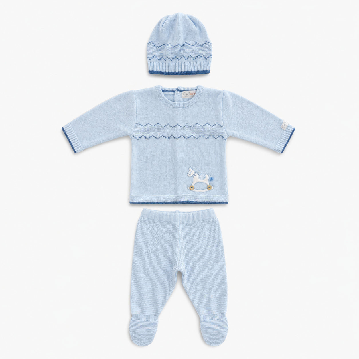 Conjunto tejido azul para bebé niño con caballito, pantalón con pie y gorro – Bebita