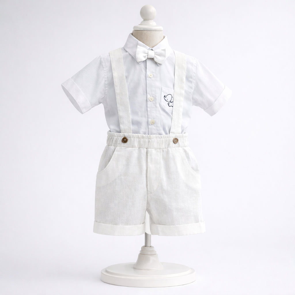 Conjunto de ceremonia blanco para niño con camisa, bermuda, tirantes y corbatín – Chocomiel