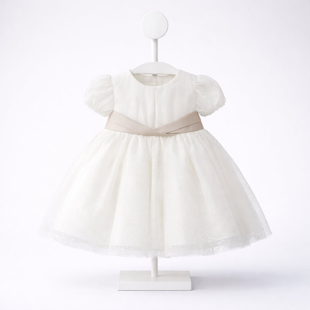 Vestido de ceremonia para bebé niña marfil con fajín beige y cubrepañal – Mayoral