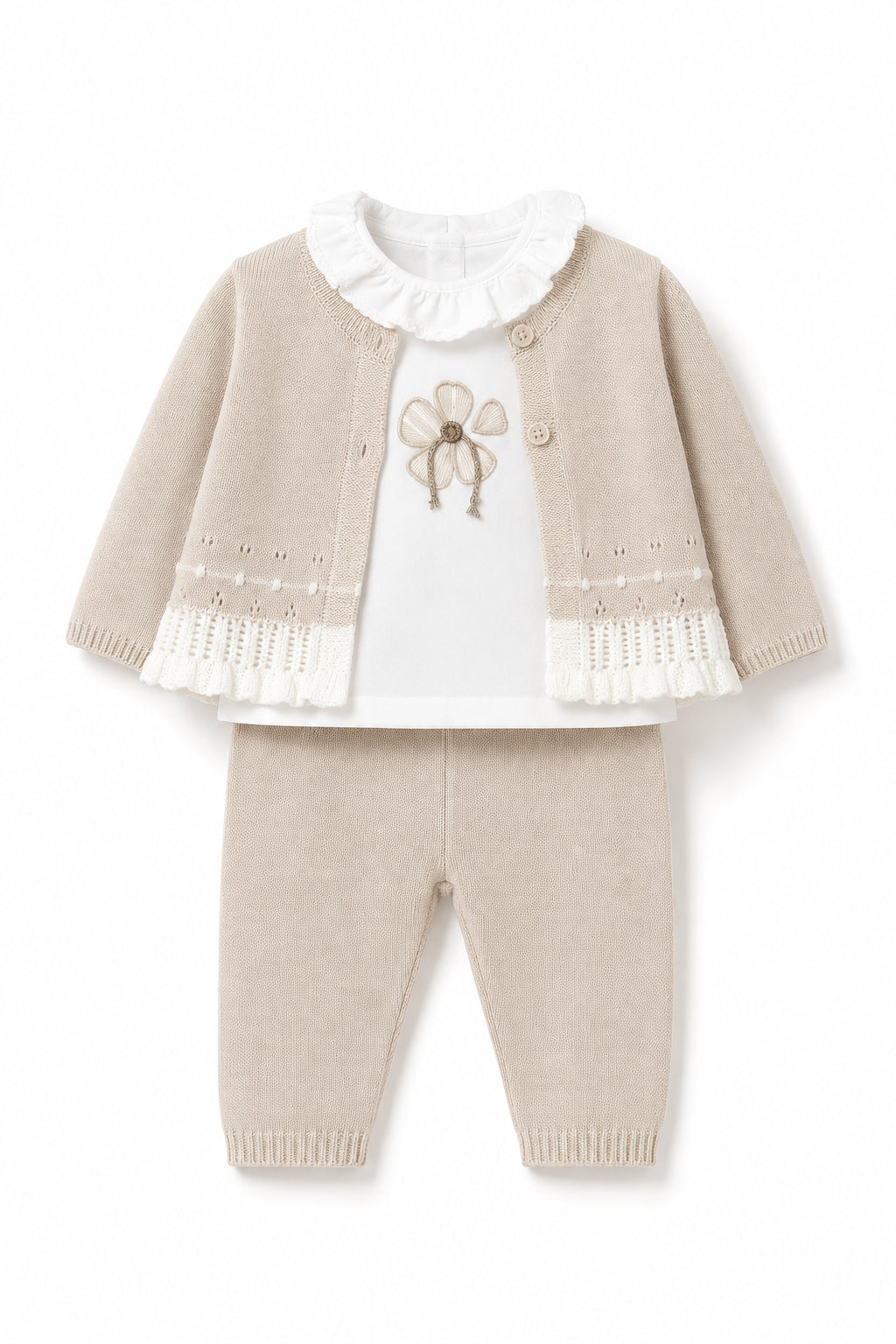 Conjunto tejido rosa para bebé niña con blusa, chaqueta y pantalón – Mayoral
