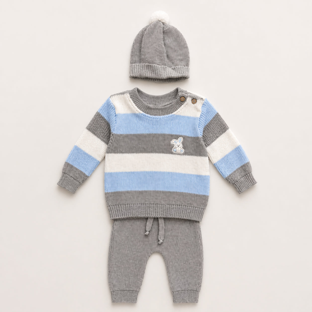 Conjunto tejido gris y azul para bebé niño con conejo, pantalón y gorro – Puppet