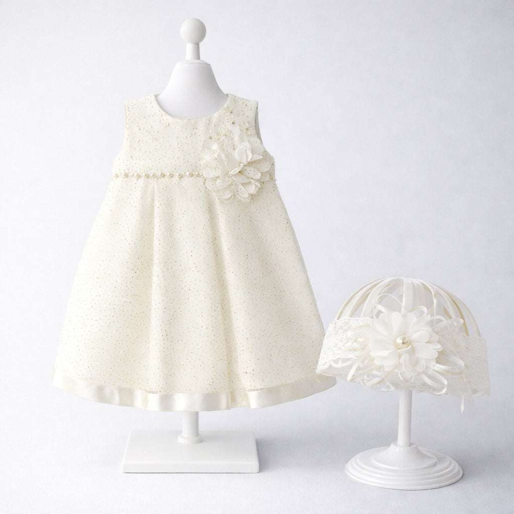Vestido de bautizo para bebé niña marfil con flor y balaca
