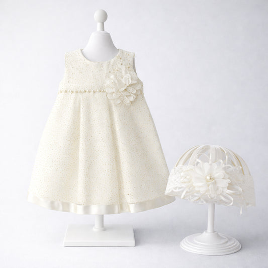 Vestido de bautizo para bebé niña marfil con flor y balaca