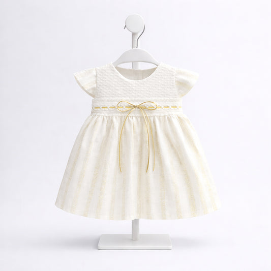 Vestido de ocasión especial para bebé niña marfil con líneas doradas