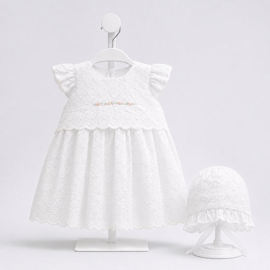 Vestido de bautizo para bebé niña en encaje blanco con gorro