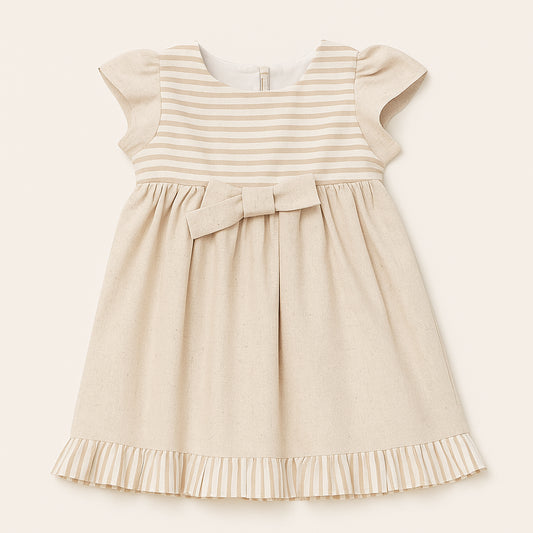 Vestido de ocasión especial para bebé niña beige con rayas y lazo