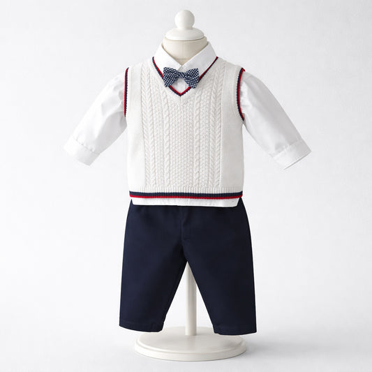 Conjunto de ceremonia para bebé niño con chaleco tejido, camisa blanca, pantalón azul marino y corbatín