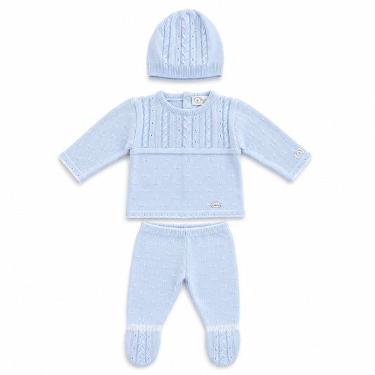 Conjunto tejido azul para bebé niño buso, pantalón con pie y gorro – Bebita