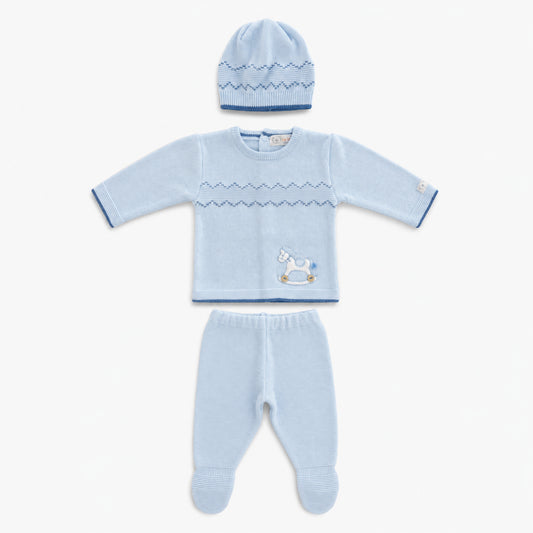 Conjunto tejido azul para bebé niño con caballito, pantalón con pie y gorro – Bebita