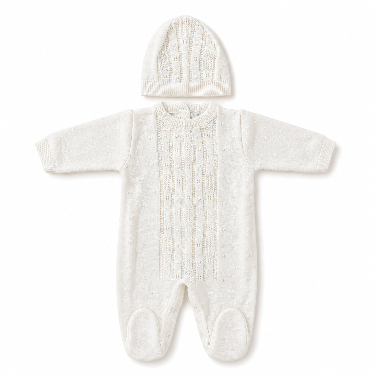 Enterizo con gorro primer día tejido crudo y marfil – Bebita