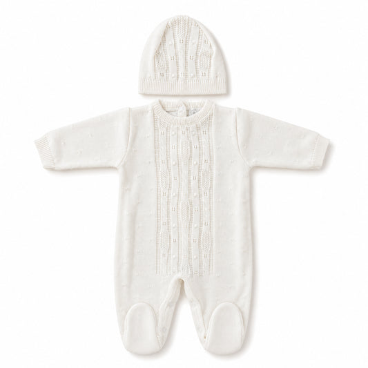 Enterizo con gorro primer día tejido crudo y marfil – Bebita