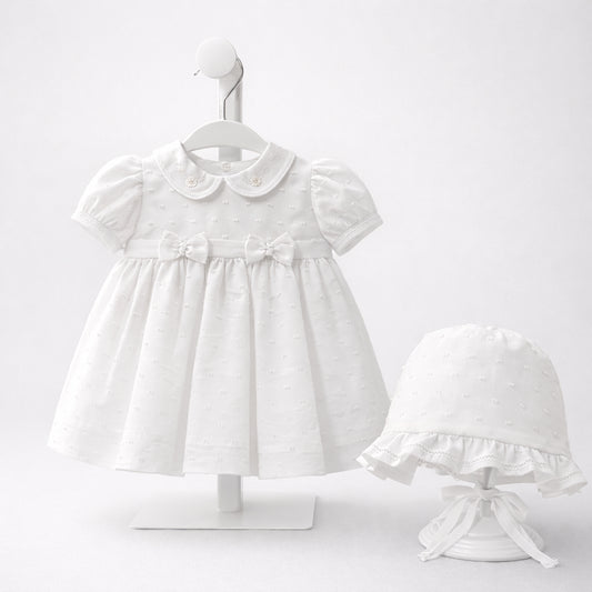 Vestido de bautizo para bebé niña blanco con cuello y gorro