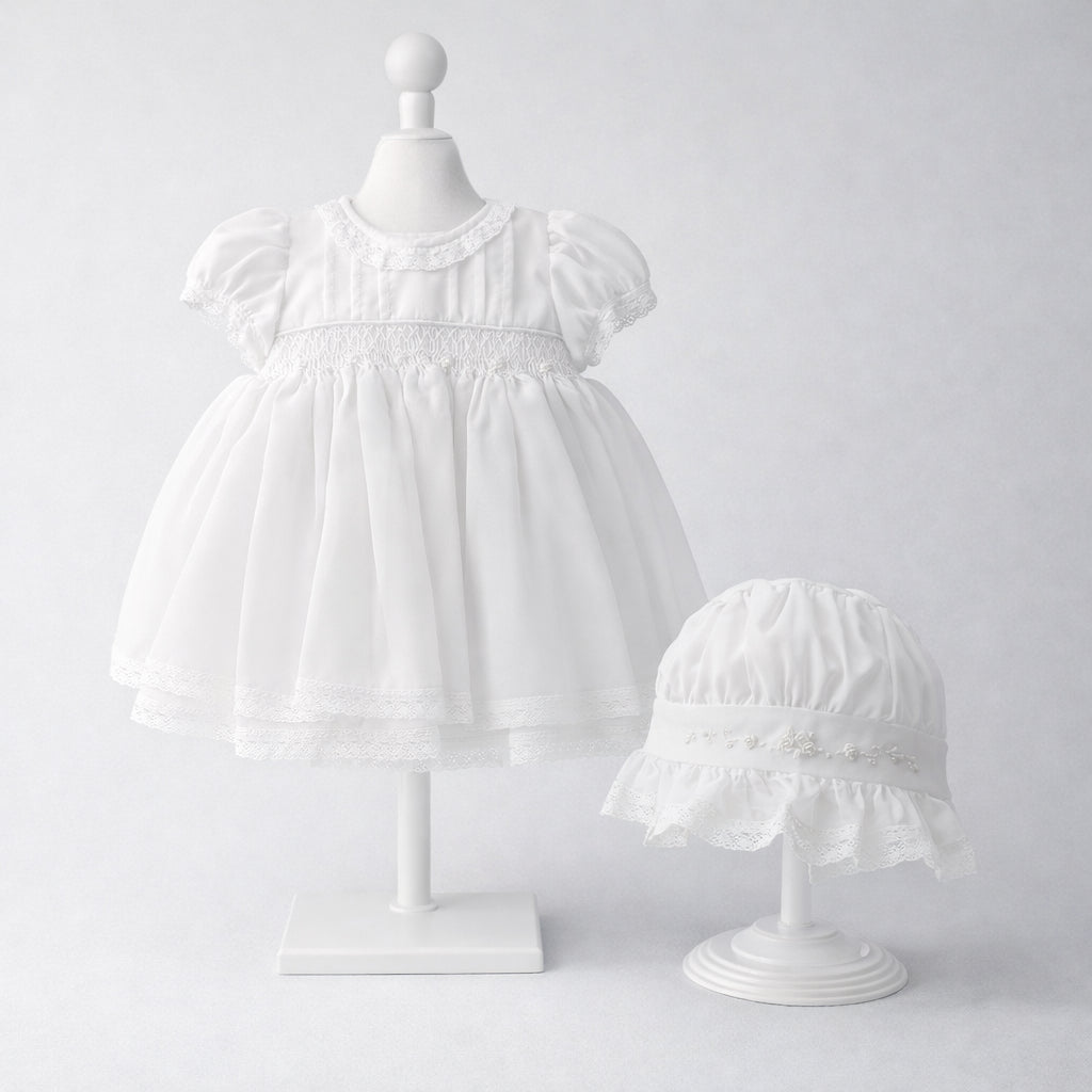 Vestido de bautizo para bebé niña blanco con encaje y gorro