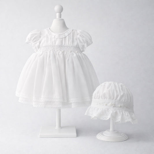 Vestido de bautizo para bebé niña blanco con encaje y gorro