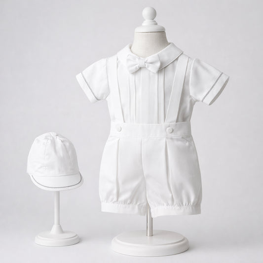 Conjunto de bautizo blanco para bebé niño con camisa, bombacho, tirantes, corbatín y gorro