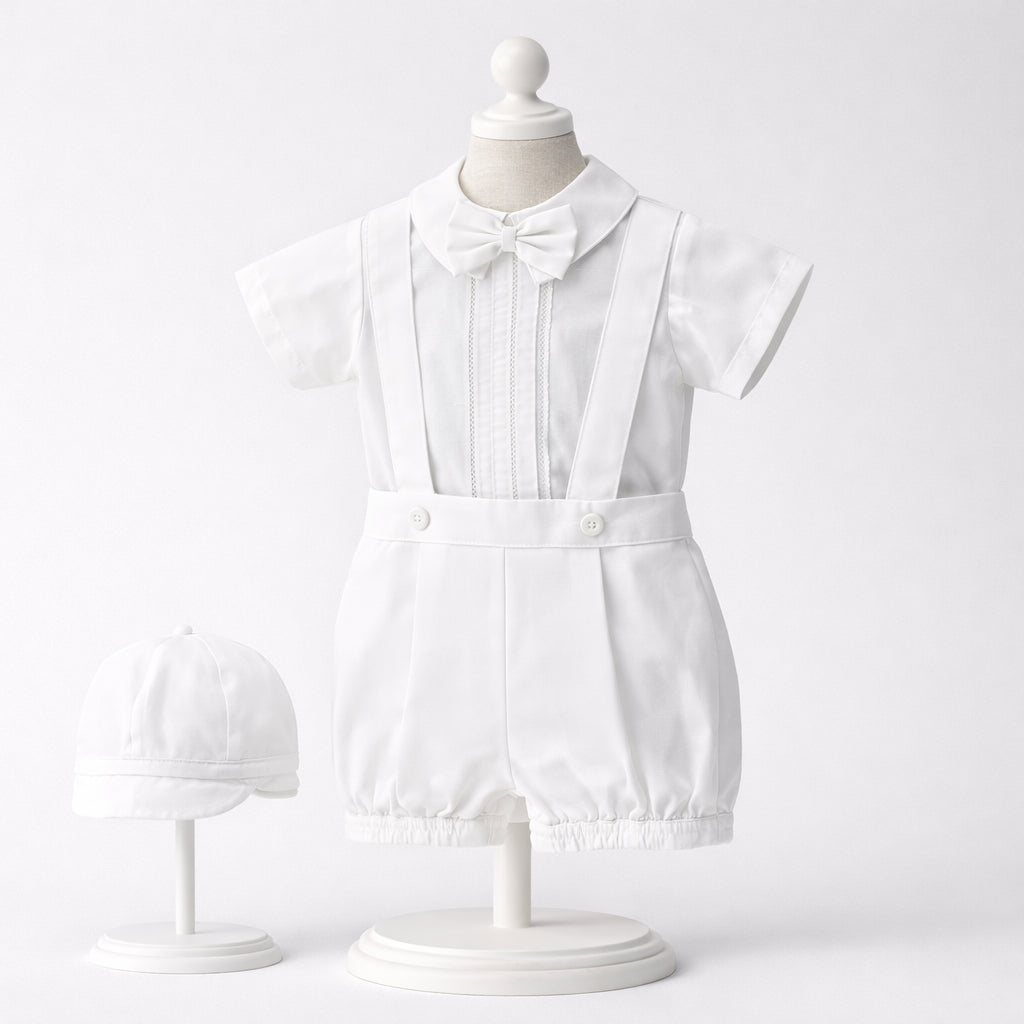 Conjunto de bautizo blanco para bebé niño con camisa, bombacho, tirantes, corbatín y gorro