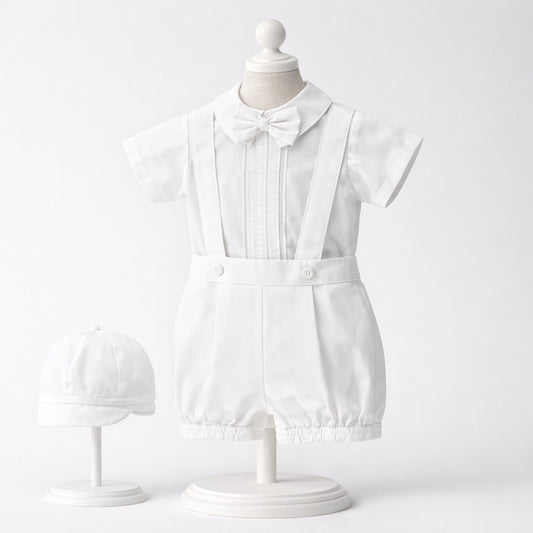 Conjunto de bautizo blanco para bebé niño con camisa, bombacho, tirantes, corbatín y gorro