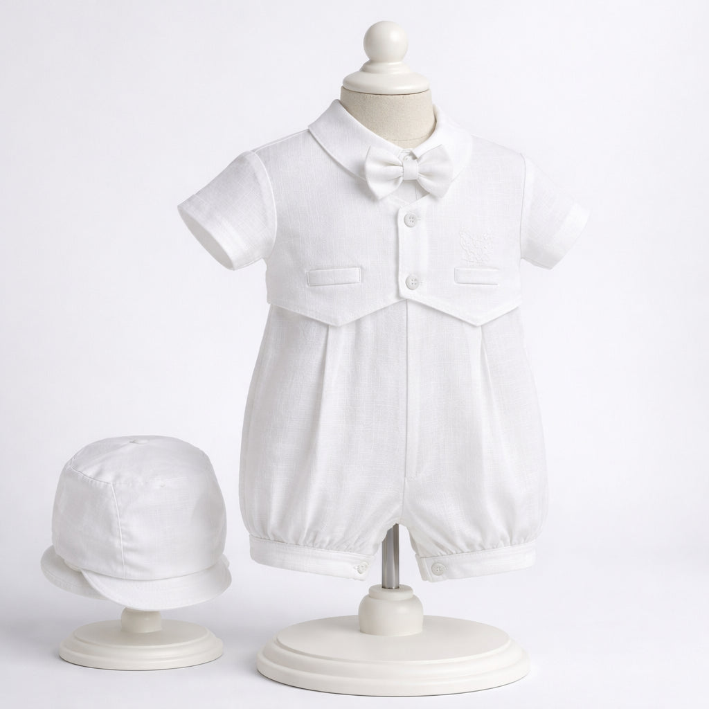 Mameluco de bautizo blanco para bebé niño con chaleco, corbatín y gorro