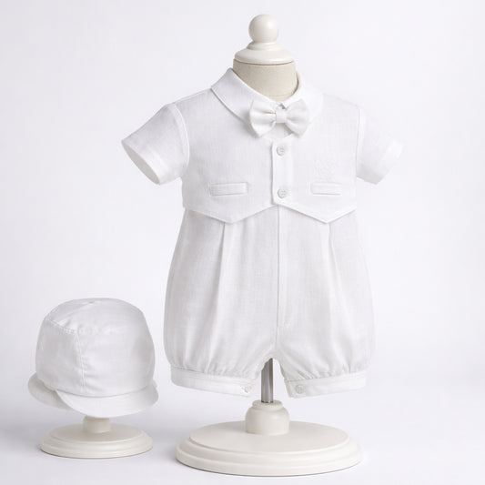 Mameluco de bautizo blanco para bebé niño con chaleco, corbatín y gorro