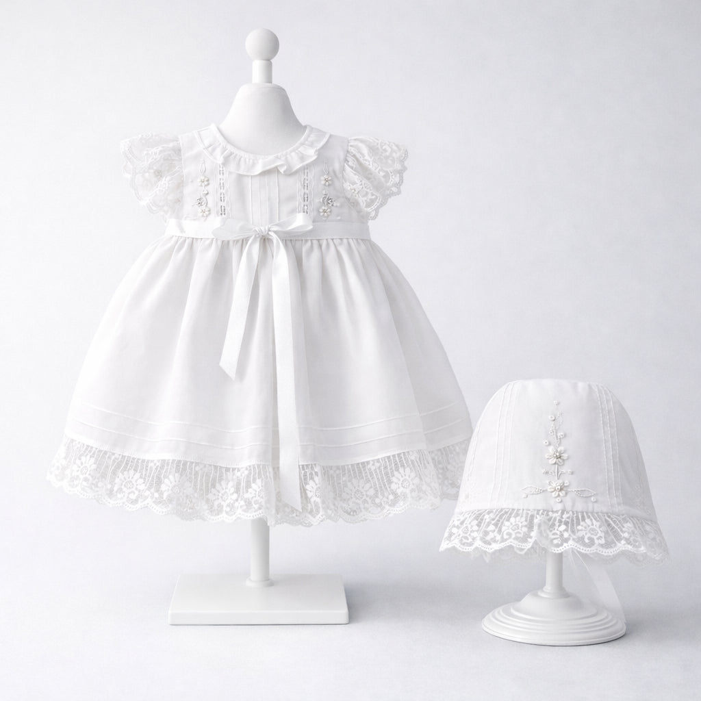 Vestido de bautizo para bebé niña blanco con encaje ancho y gorro