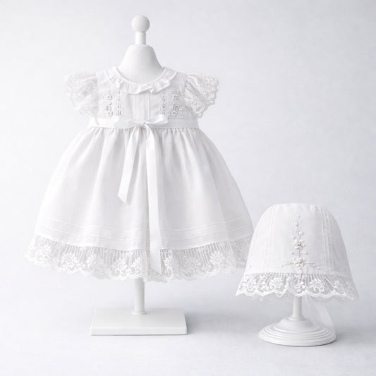 Vestido de bautizo para bebé niña blanco con encaje ancho y gorro