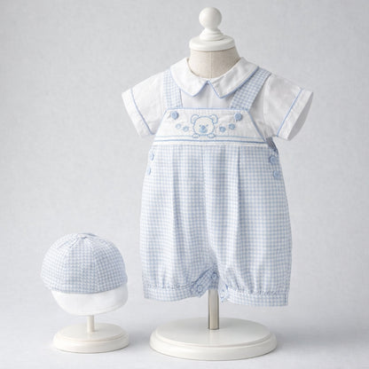 Mameluco para bebé niño azul claro con camisa, bordado de oso y gorro