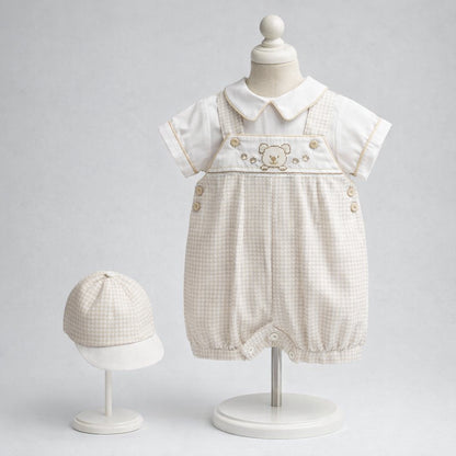 Mameluco para bebé niño azul claro con camisa, bordado de oso y gorro