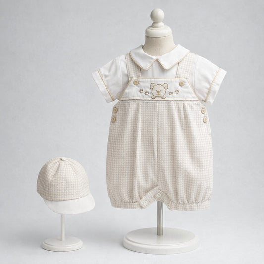 Mameluco para bebé niño azul claro con camisa, bordado de oso y gorro