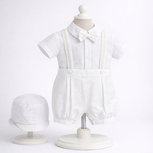 Mameluco de bautizo blanco para bebé niño con tirantes, corbatín y gorro