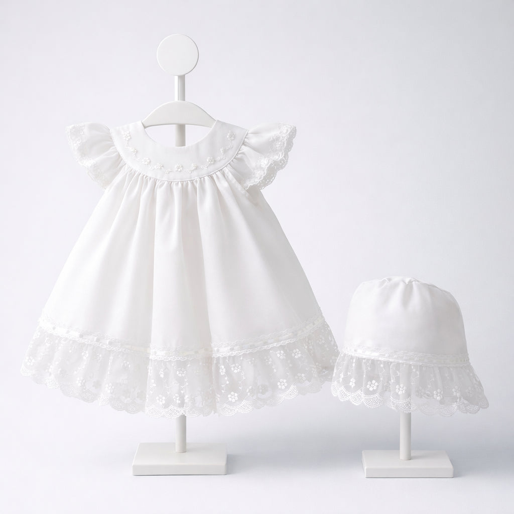 Vestido de bautizo para bebé niña blanco con cuello bordado y gorro