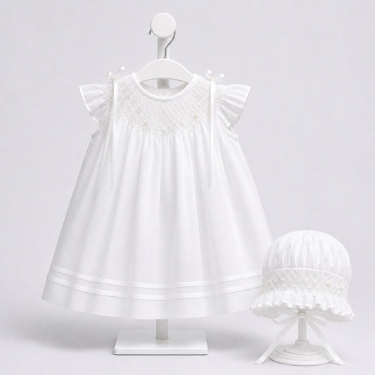 Vestido de bautizo para bebé niña blanco con punto smock y gorro