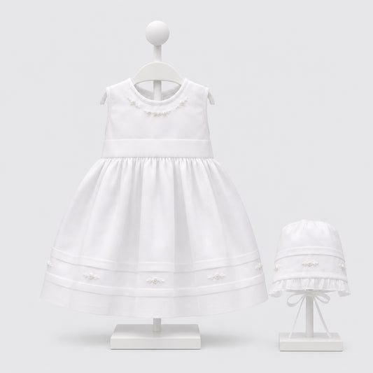 Vestido de bautizo para bebé niña blanco con bordados de flores y gorro