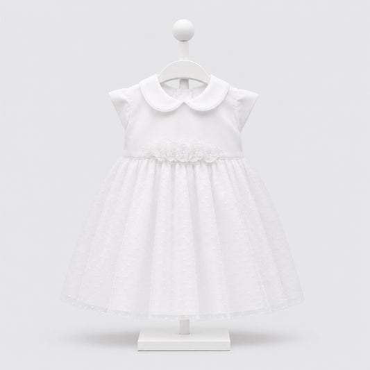 Vestido de bautizo para bebé niña blanco con cuello y flores de tul