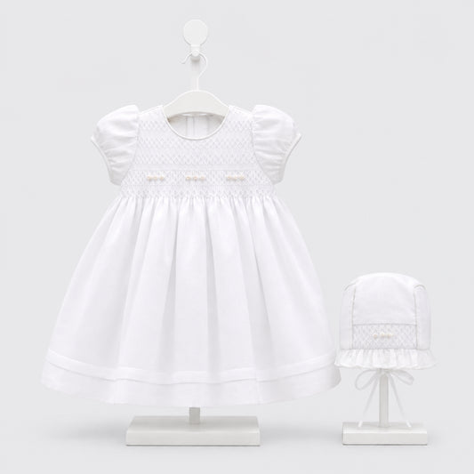 Vestido de bautizo para bebé niña blanco con smock perlado y gorro