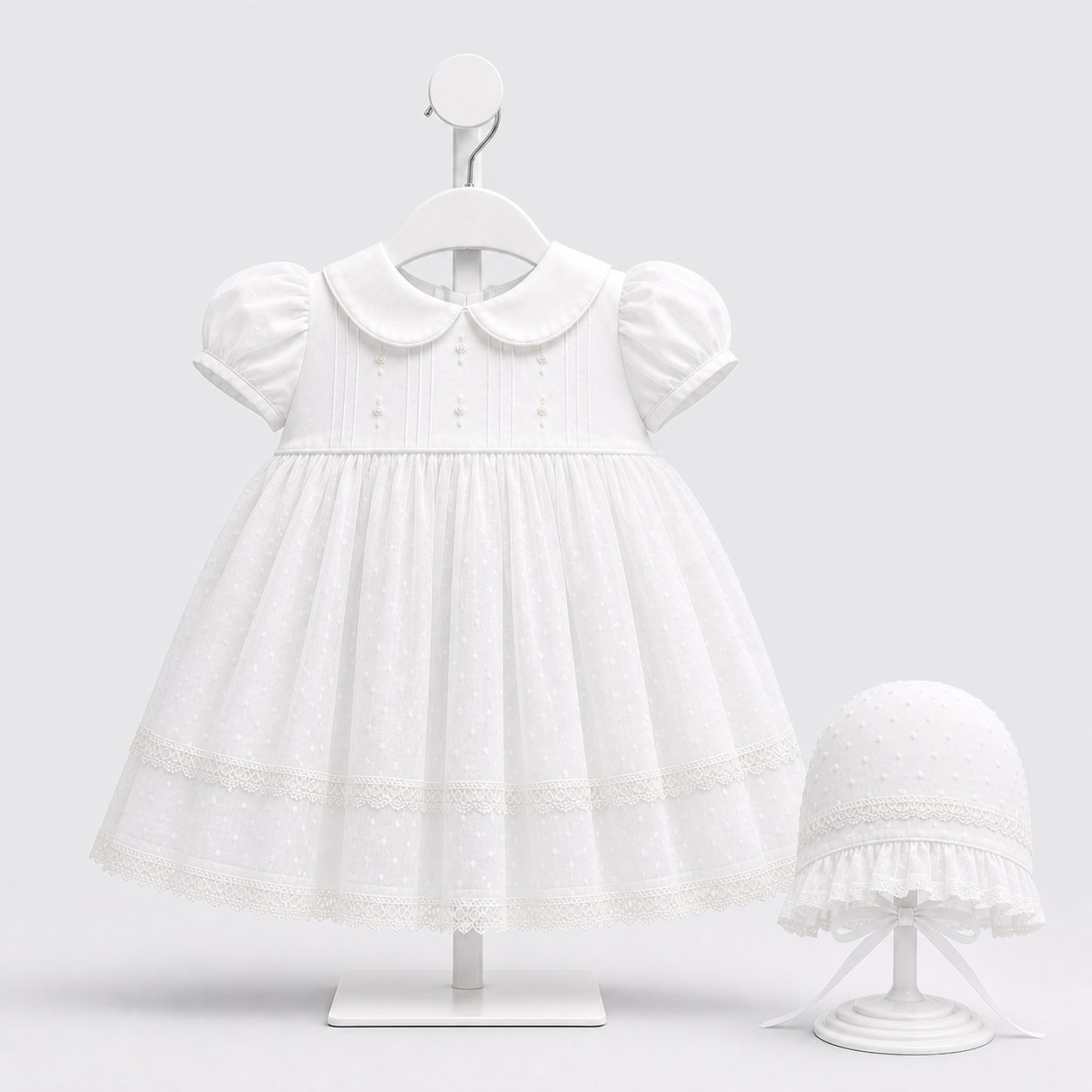 Vestido de bautizo para bebé niña blanco con cuello, encaje y gorro