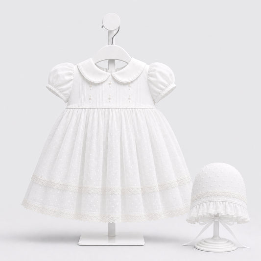 Vestido de bautizo para bebé niña blanco con cuello, encaje y gorro