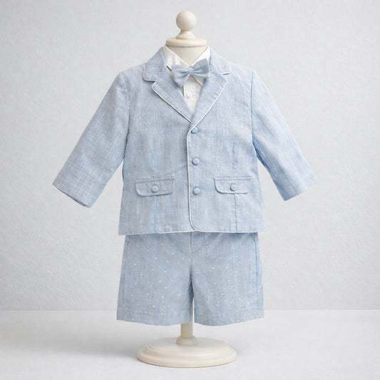 Conjunto de ceremonia azul claro para niño con blazer, camisa, bermuda y corbatín