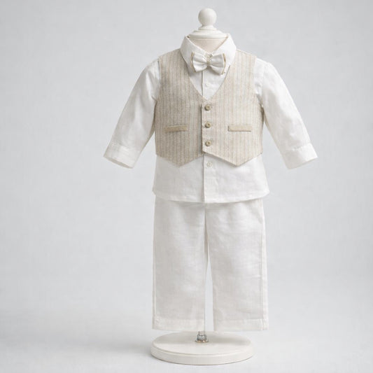 Conjunto de ceremonia marfil para niño con chaleco, camisa, pantalón y corbatín