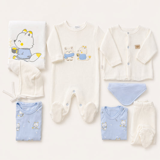 Set de primera puesta para bebé niño con zorritos en tonos blanco y azul – Chocomiel