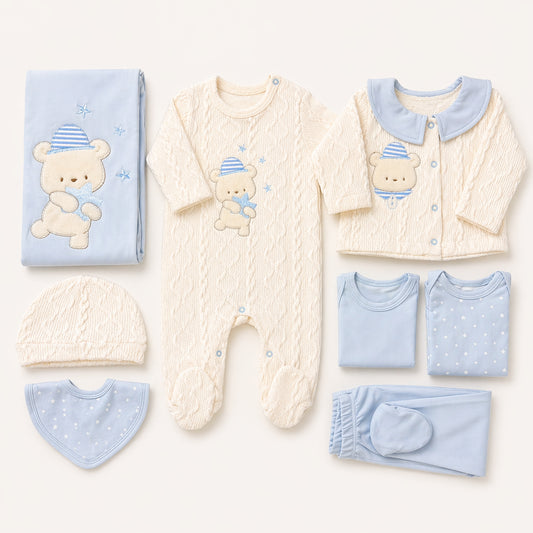Set de primera puesta para bebé niño con osito en tonos blanco y crudo – Chocomiel