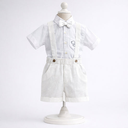 Conjunto de ceremonia blanco para niño con camisa, bermuda, tirantes y corbatín – Chocomiel