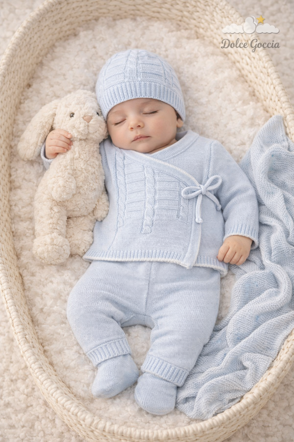 Conjunto tejido azul para bebé niño y gorro – Dolce Goccia