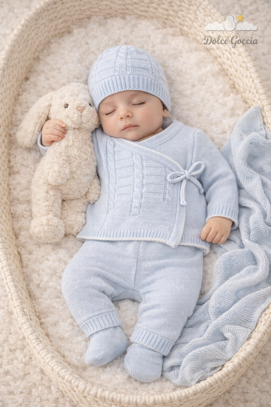 Conjunto tejido azul para bebé niño y gorro – Dolce Goccia