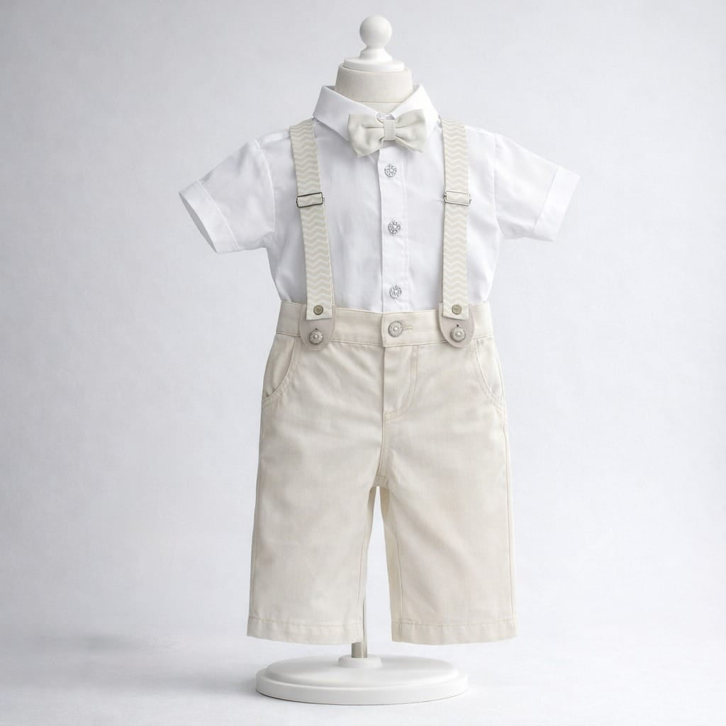 Conjunto de ceremonia para niño con camisa blanca, pantalón marfil, tirantes y corbatín
