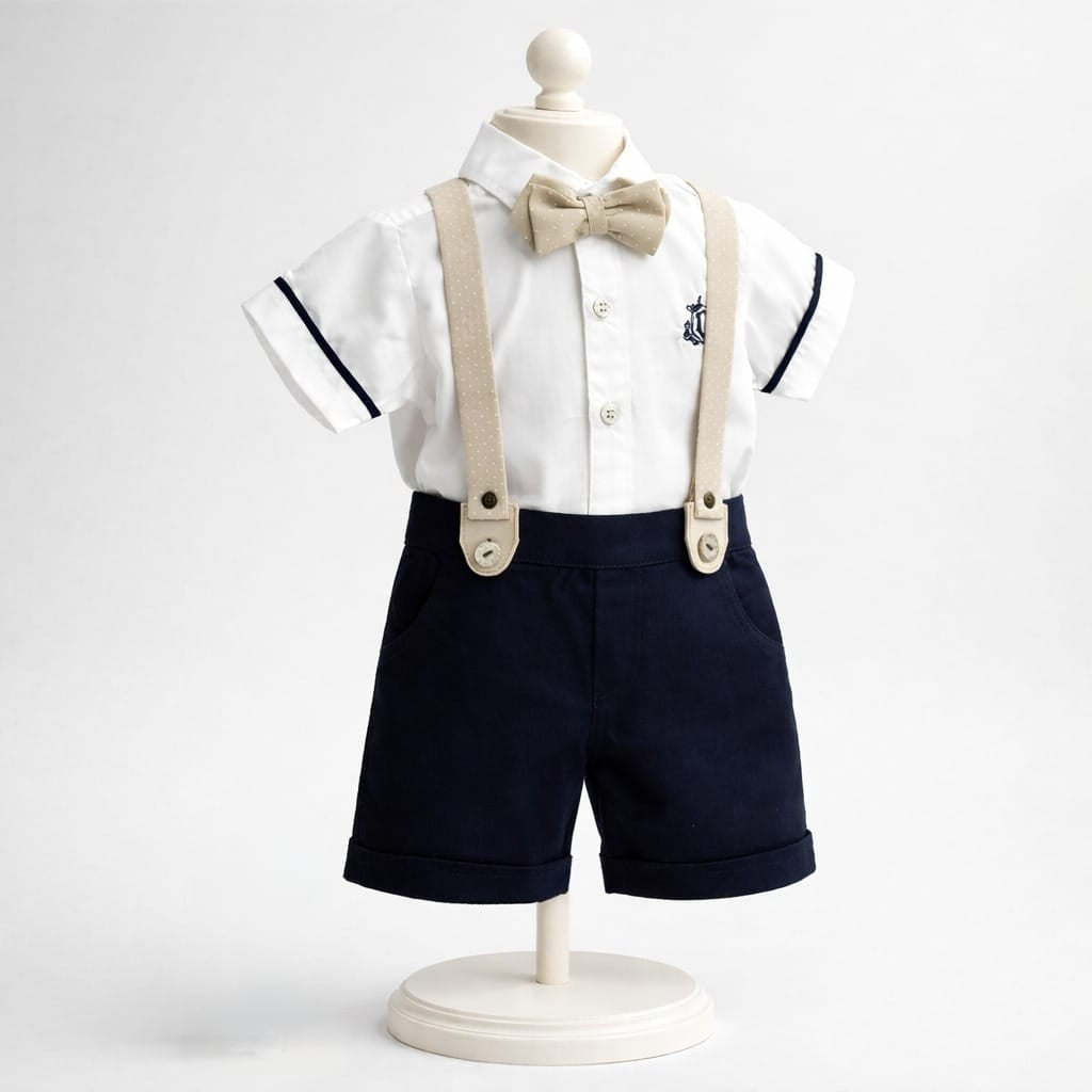 Conjunto de ceremonia para niño con camisa blanca, bermuda azul marino, tirantes y corbatín