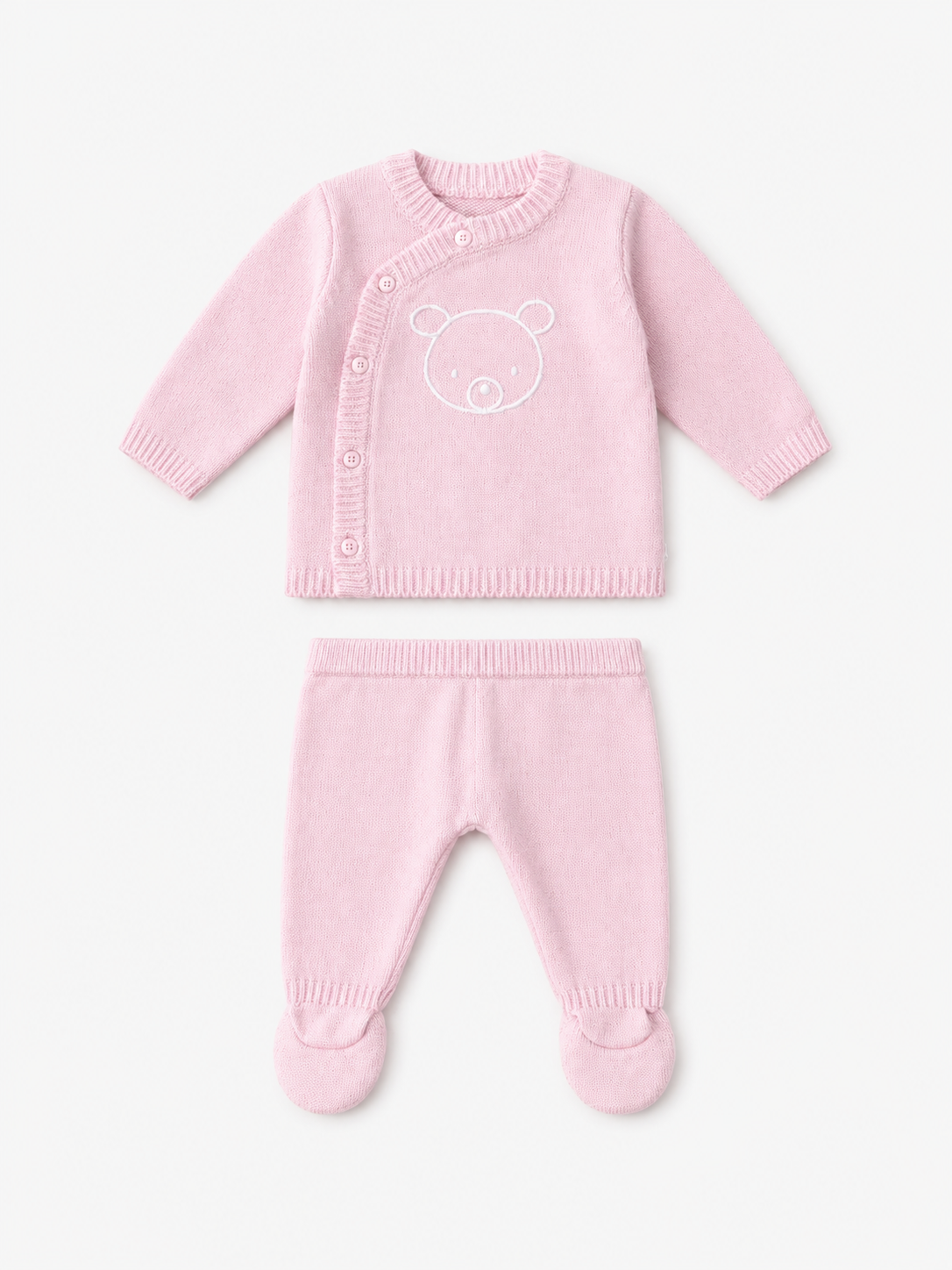 Conjunto tejido rosado para bebé niña con pantalón con pie y bordado de oso – Losan